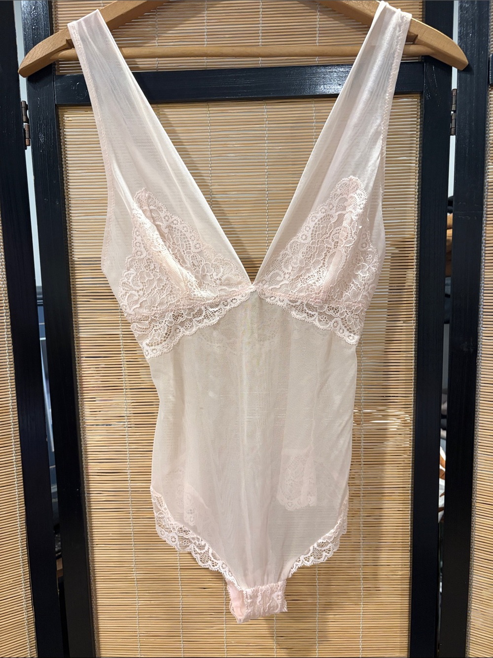 Chelsea28 Sheer Lace Plunge Bodysuit in Light Pink